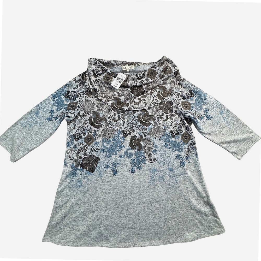 NWT Indigo Soul Womens Large Grey Floral Paisley Cowl Neck 3/4 Sleeve Tunic Top